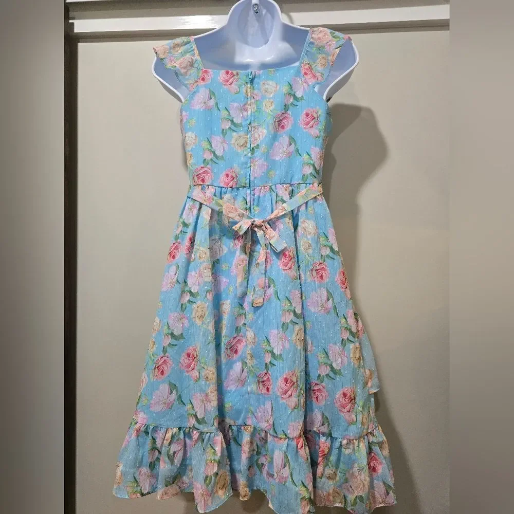 Blush By US Angels Girls Mirelle Floral FlutterSleeve Dress Sz 14 Blue/Pink NWOT